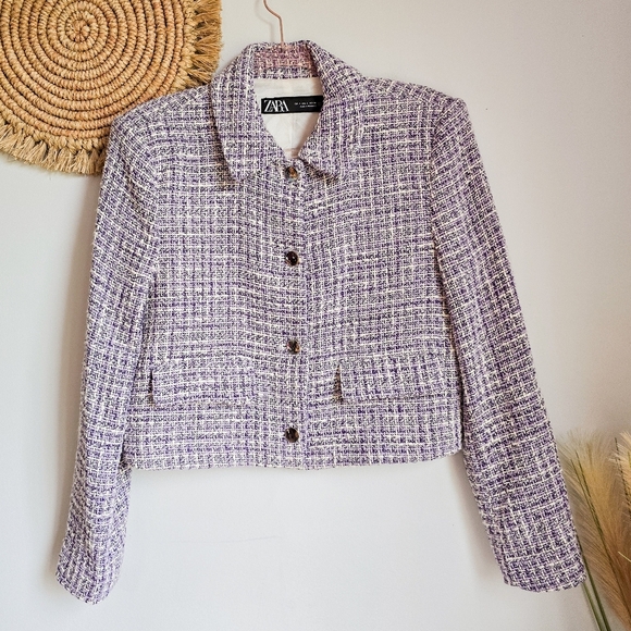 Zara, New, Purple Tweed Textured Fitted Preppy Cropped Blazer Jacket SZ Large - Picture 14 of 14